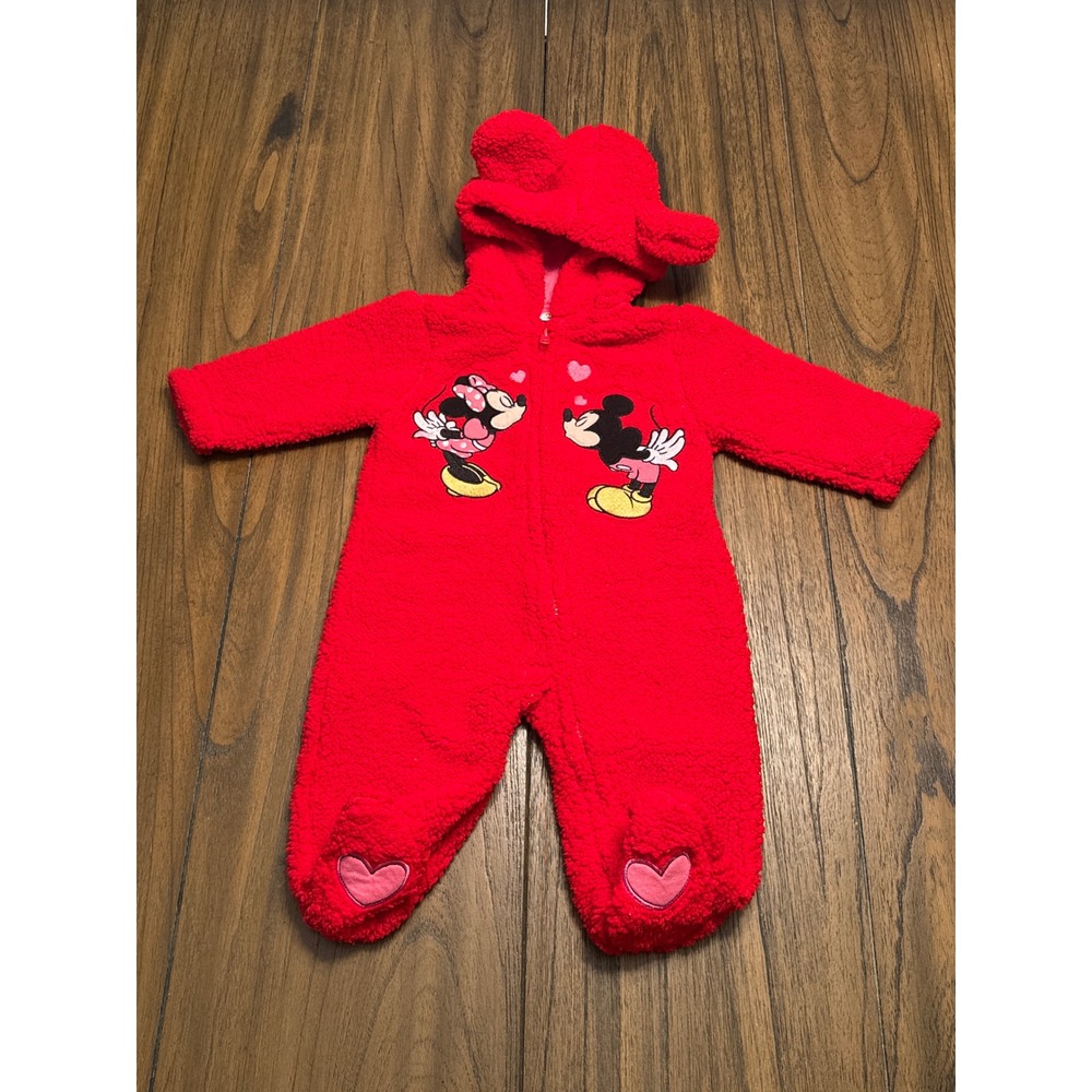 Disney Baby Red Minnie Mouse Fleece Pram Suit Hooded Jumpsuit 6 Months‎